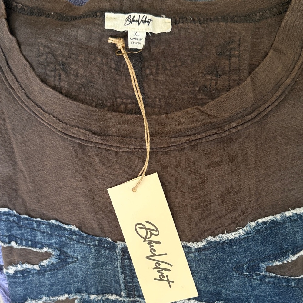 Blue Velvet XL Brown Long Sleeve Top with Distressed Denim Bow Detail w/ pockets - Picture 8 of 10